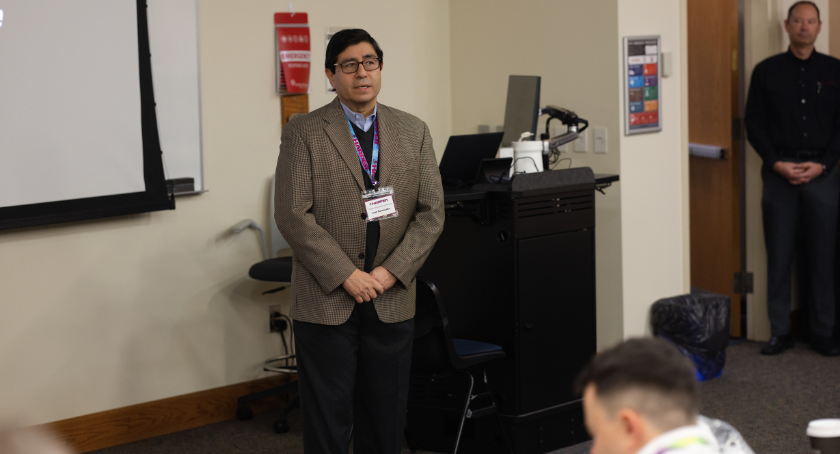 Harper's Juan Bermudez welcomes attendees to the event in North Carolina.